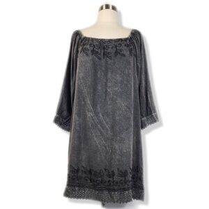 Boho Gray Long Sleeve Coquette Lace Embroidered Trim Tunic Mini Dress L